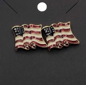 Vintage USA Waving Flags Enamel Red White Blue Gold Trim Pierced Earrings